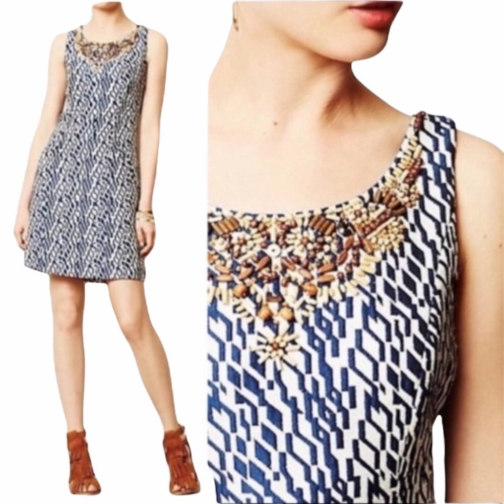 Anthropologie Blue and White Beaded-Neck Shift Dress